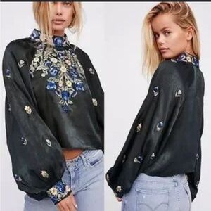 Free People Black and Blue Embroidered Blouse